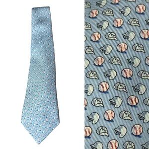 Vineyard Vines Silk Necktie Boys Light Blue Baseball Hat Helmet Print Tie USA